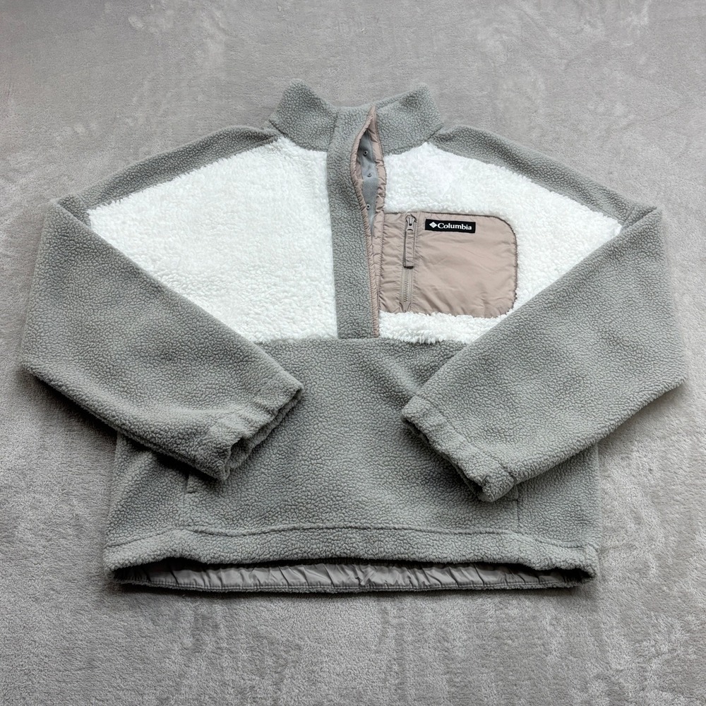 Columbia Fleece Pullover Women L Grey White Sherpa Snap Mock Neck Gorpcore Cozy